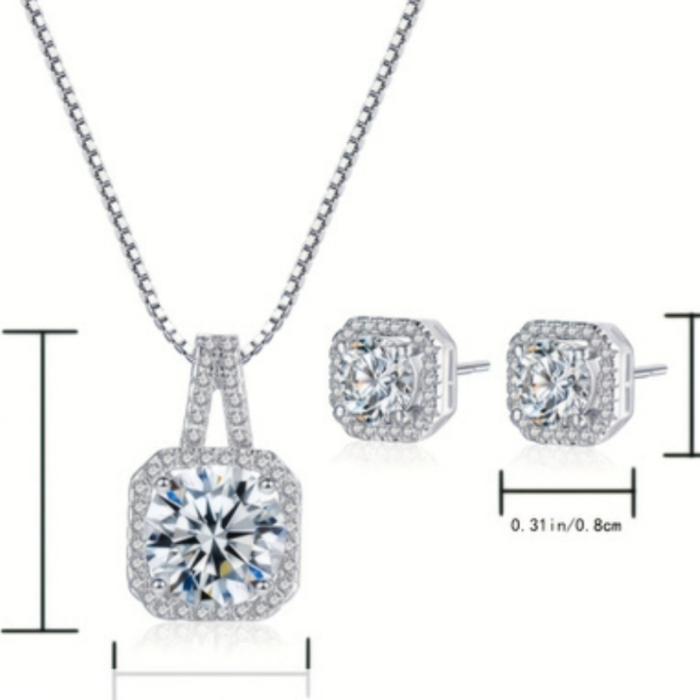 Sparkling Zircon Square Pendant Necklace Earrings Party Jewelry Set